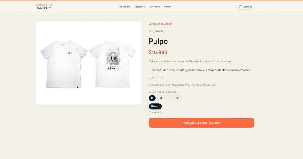 Tienda HWMBOLDT: ficha de producto con talla, color, stock y carrito